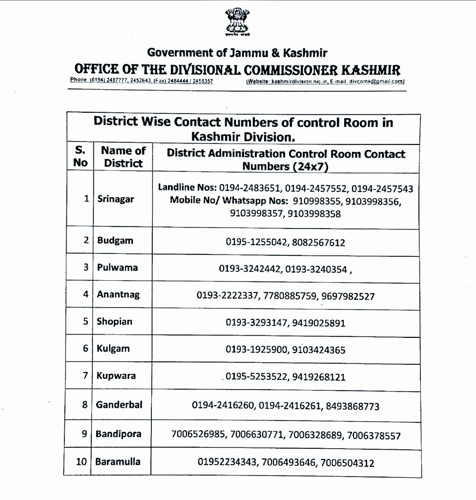 Control rooms established across Kashmir. Kindly note down the numbers.