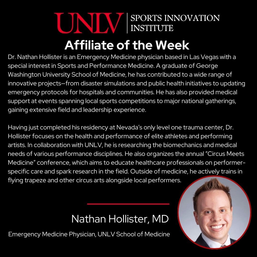 UNLVSportsInnov's tweet photo. This week’s Affiliate Spotlight features Dr. Nathan Hollister, Emergency Medicine Physician at UNLV’s School of Medicine. He focuses on enhancing health and safety in sports medicine through research and community programs. Read more about his contributions below. 🏥⛑️ https://t.co/kA6vLkj5ZM