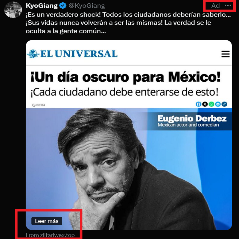 Este es el tipo de phishing que se pueden encontrar en Twitter (X), no caigan, lo pueden identificar porque generalmente son anuncios (Ad) como se muestra identificado en la primera imagen y además tratan de mandarlos a una URL sospechosa que seguramente es maliciosa.