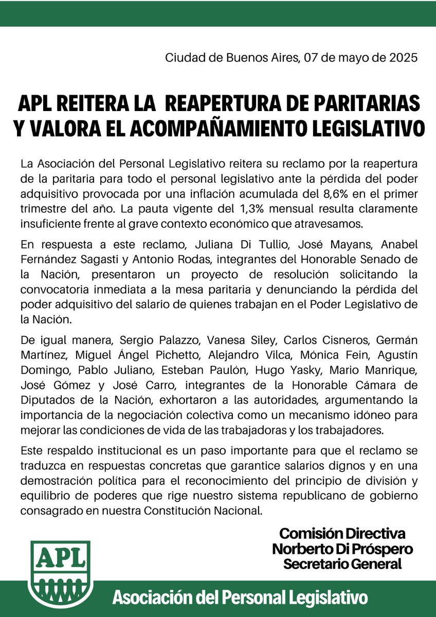 Las y los trabajadores legislativos exigimos la reapertura de las paritarias!!!🇳🇬🇳🇬
<a href="/APLCongreso/">APL</a> <a href="/Diprosperoaplok/">Norberto Di Próspero</a>