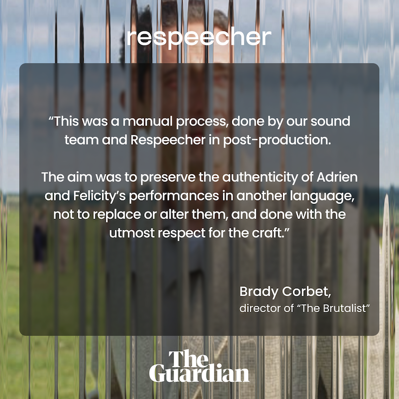 respeecher's tweet photo. Every great voice starts with a great actor. In The Brutalist, our AI #voicecloning tech helped preserve emotional nuance across languages—without compromising the performance. #supportnotreplace #ethicsinai #respeecher #yourreliableAIvoicepartner https://t.co/ngPZLM3QvL