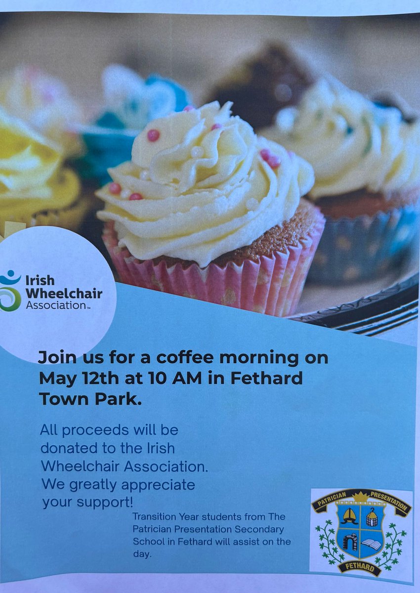 Fethard Town Park (@fethardtownpark) on Twitter photo Join us here for a Coffee Morning next Monday May 12th at 10am where all proceeds will be donated to <a href="/IrishWheelchair/">IWA</a> who greatly appreciate your support. Transition students from <a href="/PPSSFethard/">Patrician Presentation Secondary School, Fethard</a> school will assist on the day where all are welcome. <a href="/fethardnews/">Joe Kenny</a> <a href="/MenFtp54375/">Men's Shed Fethard, FTP</a> Join us here for a Coffee Morning next Monday May 12th at 10am where all proceeds will be donated to <a href="/IrishWheelchair/">IWA</a> who greatly appreciate your support. Transition students from <a href="/PPSSFethard/">Patrician Presentation Secondary School, Fethard</a> school will assist on the day where all are welcome. <a href="/fethardnews/">Joe Kenny</a> <a href="/MenFtp54375/">Men's Shed Fethard, FTP</a>