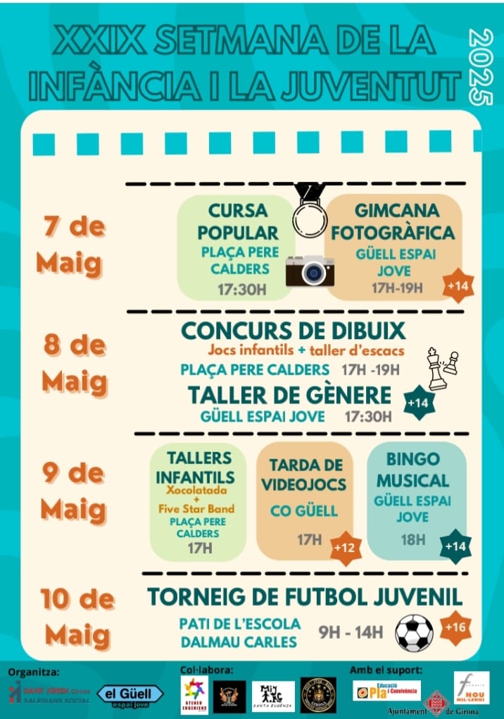 📢 *Atenció!* 
🗓️ *Del 7 al 10 de maig*
*🎉 XXIX Setmana de la Infància i la Joventut 2025! 🎉*
*📍 Plaça Pere Calders i Güell  Espai Jove CO Adolescents!*
🎯 Dimecres, dijous i divendres t’esperen activitats: jocs, tallers, esports, música i molt més!
🎈 Us hi esperem 🎶⚽🎨🍫