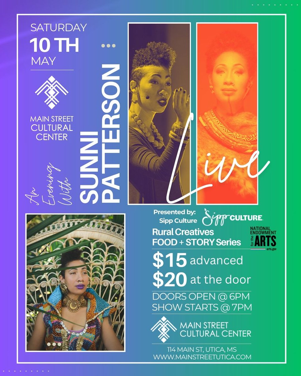 sippculture's tweet photo. 📣 SATURDAY! Join us at the Main Street Cultural Center for An Evening with Sunni Patterson Live! 

Sunni is an acclaimed Poet &amp; Performer who will be performing live with her band on Saturday, May 10

Get your tickets NOW! https://t.co/fkvBIShFm0

#MainStreetCulturalCenter https://t.co/cmbnWGQOR7