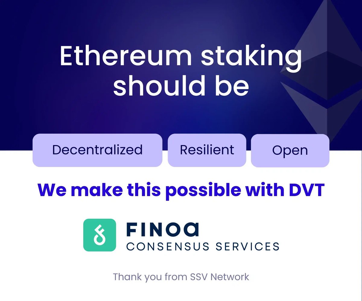 Finoa Consensus Services (@finoaconsensus) on Twitter photo We’re proud to be part of the 100,000+ validators secured with DVT using <a href="/ssv_network/">SSV Network</a> 🛡️
Here’s to a stronger, more resilient Ethereum.
#SSV100k #Ethereum #DVT We’re proud to be part of the 100,000+ validators secured with DVT using <a href="/ssv_network/">SSV Network</a> 🛡️
Here’s to a stronger, more resilient Ethereum.
#SSV100k #Ethereum #DVT