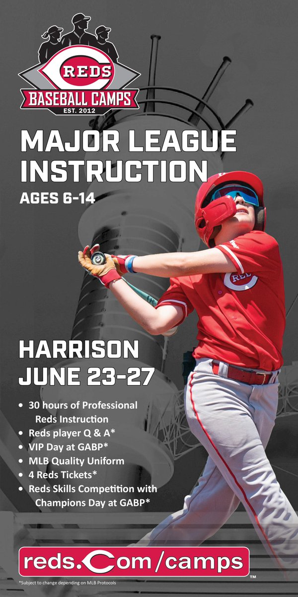 The Cincinnati Reds Baseball Camp is coming to Harrison this summer!
Dates: June 23–27
For ages 6–14
Give your child a major league experience right here at home.
Learn more and register at reds.com/camps