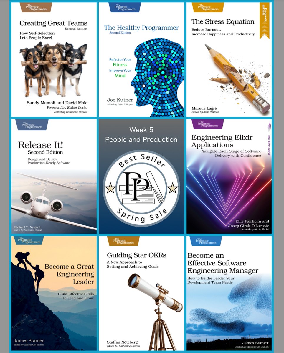pragprog's tweet image. Spring Best Sellers Sale Week 5
40% Off - From People to Production
Code: 2025TEAMS at checkout
Only this week; Only at Pragprog.com
Link in 🧵
Titles on sale this week -