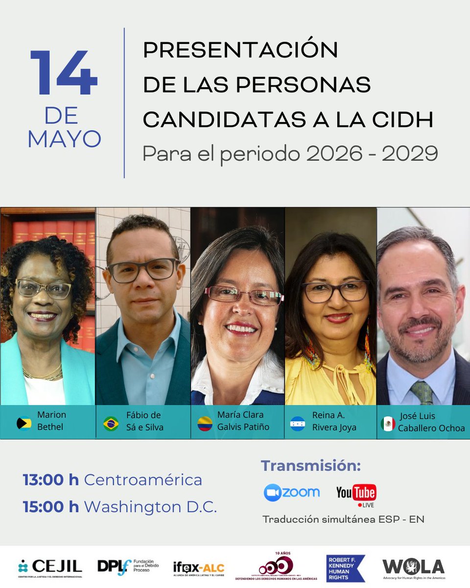 En la próxima Asamblea General de la OEA (25–27 de junio) se elegirán 3 nuevos cargos para la #CIDH. Hay 7 personas candidatas.

Este 14 de mayo acompáñanos a un webinar para conocerlas. Transmisión por Zoom y YouTube (RFK Human Rights).

Registro👇 
rfkhumanrights.zoom.us/webinar/regist…