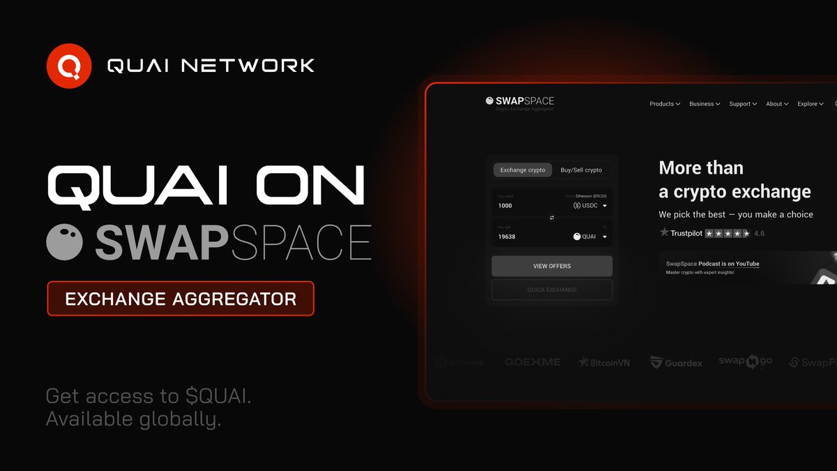 Quai is now available on @SwapSpaceCo, a crypto exchange aggregator! That  means even more ways to get yourself some $QUAI! Compare rates across top  exchanges and swap your assets for Quai in