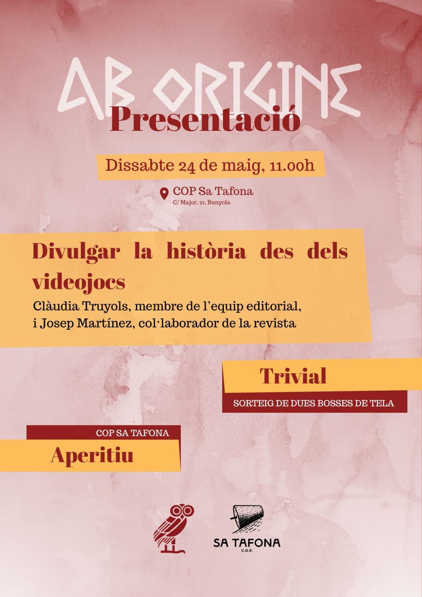Ens veiem el pròxim dissabte 24 de maig a les 11:00 del matí a Sa Tafona per parlar de la divulgació històrica a través dels videojocs. Us hi esperem a tots! 🦉🎮