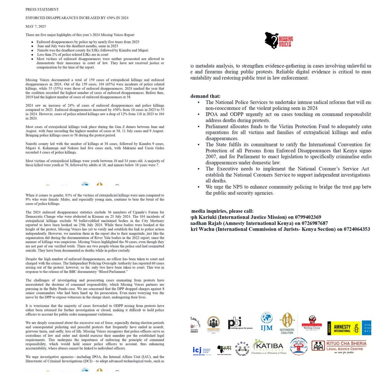 Martin Mavenjina (@martinmavenjina) on Twitter photo Joint statement by <a href="/MissingVoicesKE/">MissingVoicesKE</a> & <a href="/thekhrc/">KHRC</a> during the launch of the Missing Voices Annual Report 2024 today. Enforced disappearances by police up by nearly five times, Nairobi was the deadliest county for EJKs. Less than 2% of police related EJKs are in court <a href="/SolomonADersso/">Solomon Dersso, PhD</a> Joint statement by <a href="/MissingVoicesKE/">MissingVoicesKE</a> & <a href="/thekhrc/">KHRC</a> during the launch of the Missing Voices Annual Report 2024 today. Enforced disappearances by police up by nearly five times, Nairobi was the deadliest county for EJKs. Less than 2% of police related EJKs are in court <a href="/SolomonADersso/">Solomon Dersso, PhD</a>