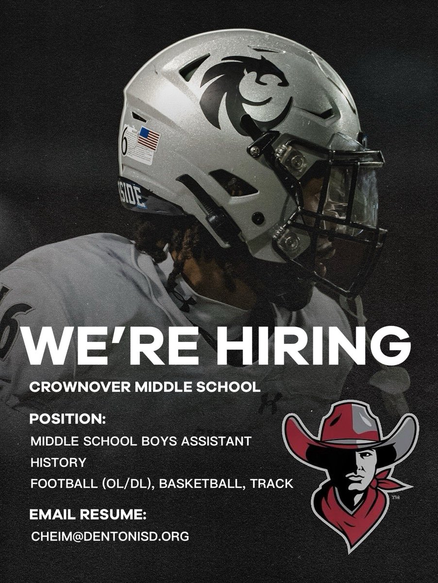 Denton Guyer Football (@dentonguyer_fb) on Twitter photo ๐๐จ๐ฆ๐ ๐๐ ๐ ๐ฉ๐๐ซ๐ญ ๐จ๐ ๐ญ๐ก๐ ๐๐จ๐ฎ๐ญ๐ก๐ฌ๐ข๐๐!
Crownover Middle School in Denton ISD is currently seeking a boysโ coach.
Send resumes to:
cheim@dentonisd.org
<a href="/Matt_Stepp817/">Matt Stepp</a> <a href="/THSCAcoaches/">THSCA</a> <a href="/padillapoll/">Carl Padilla</a>
#THSCA | #thsfb ๐๐จ๐ฆ๐ ๐๐ ๐ ๐ฉ๐๐ซ๐ญ ๐จ๐ ๐ญ๐ก๐ ๐๐จ๐ฎ๐ญ๐ก๐ฌ๐ข๐๐!
Crownover Middle School in Denton ISD is currently seeking a boysโ coach.
Send resumes to:
cheim@dentonisd.org
<a href="/Matt_Stepp817/">Matt Stepp</a> <a href="/THSCAcoaches/">THSCA</a> <a href="/padillapoll/">Carl Padilla</a>
#THSCA | #thsfb