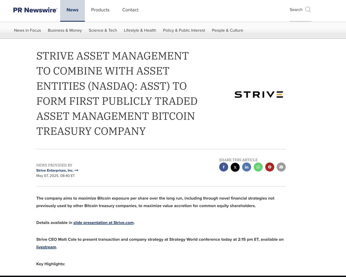 Strive @StriveFunds Asset Management to combine with Asset Entities  (NASDAQ: ASST) to form first publically traded asset management #Bitcoin  Treasury Company https://t.co/kJ2gbbr4cO