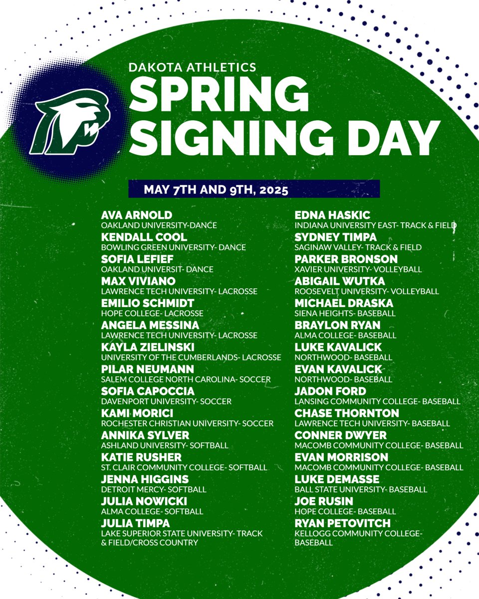 Huge congrats to our Dakota student-athletes who’ve committed to continue their journey in college! 💙🖤

Your hard work and passion paid off — we’re so proud of you! 💪 #DakotaProud #CollegeCommit #StudentAthletes