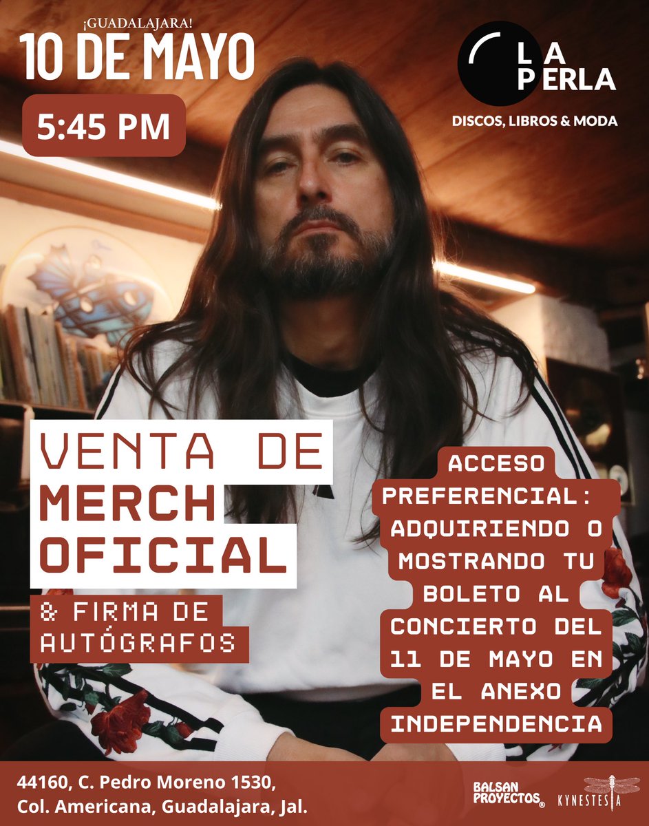 Nos vemos el sábado 10 de mayo 
en La Perla Records🔥 #Guadalajara 
Venta de merch, 
venta de boletos del toquín 
del 11 de mayo en el Anexo del 
Foro Independencia y 
firma de autógrafos 
¡Habrá sorpresas para quienes adquieran 
su boleto! 💰 Pago en efectivo 

⏰ 5:45 a 7:45 pm