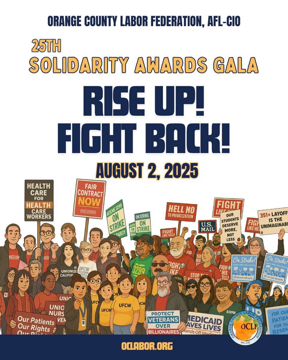 25th Solidarity Awards Gala: Rise Up! Fight Back!
Honoring those fighting for dignity, respect &amp; justice in OC.
🎟️ Get tickets: bit.ly/2025Solidarity…
#SolidarityGala25 #RiseUpFightBack #UnionStrong
#OCLFSolidarityGala