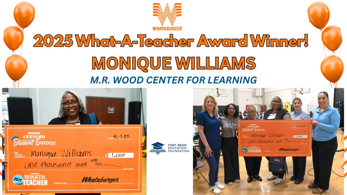 Fort Bend Education Foundation (@fbef_fbisd) on Twitter photo Whataburger in collaboration w/ <a href="/FBEF_FBISD/">Fort Bend Education Foundation</a> honored District TOYS Ashley East of Blue Ridge-Briargate Elementary & Monique Williams of M.R. Wood Center for Learning with 2025 What-A-Teacher Awards! The $1,000 grant recognizes their impact in the classroom & community. #fbeffbisd Whataburger in collaboration w/ <a href="/FBEF_FBISD/">Fort Bend Education Foundation</a> honored District TOYS Ashley East of Blue Ridge-Briargate Elementary & Monique Williams of M.R. Wood Center for Learning with 2025 What-A-Teacher Awards! The $1,000 grant recognizes their impact in the classroom & community. #fbeffbisd
