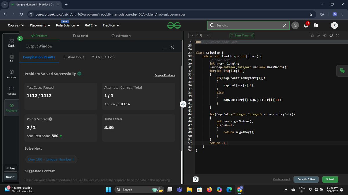 Rameshwari (@datacode2025) on Twitter photo Day 159✅Of 160gfg Challenge
Problem-Unique Number I
Approach-Create a HashMap and track the occurence of each element . The element in map whose value ==1 return that element.
#160gfgchallenge <a href="/geeksforgeeks/">GeeksforGeeks</a> #womenintech Day 159✅Of 160gfg Challenge
Problem-Unique Number I
Approach-Create a HashMap and track the occurence of each element . The element in map whose value ==1 return that element.
#160gfgchallenge <a href="/geeksforgeeks/">GeeksforGeeks</a> #womenintech
