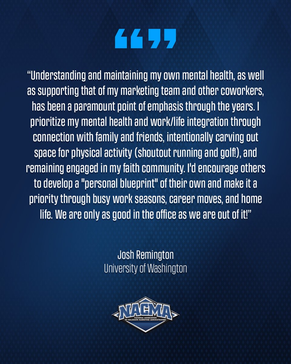NACMA News (@nacmanews) on Twitter photo Mental Health with Marketers 🧠💬
Sharing insights from industry professionals about their experiences, challenges, and advice on prioritizing mental well-being.
🗣️ <a href="/JRemington44/">Josh Remington</a> of <a href="/UWAthletics/">Washington Athletics</a>
#NACMA Mental Health with Marketers 🧠💬
Sharing insights from industry professionals about their experiences, challenges, and advice on prioritizing mental well-being.
🗣️ <a href="/JRemington44/">Josh Remington</a> of <a href="/UWAthletics/">Washington Athletics</a>
#NACMA