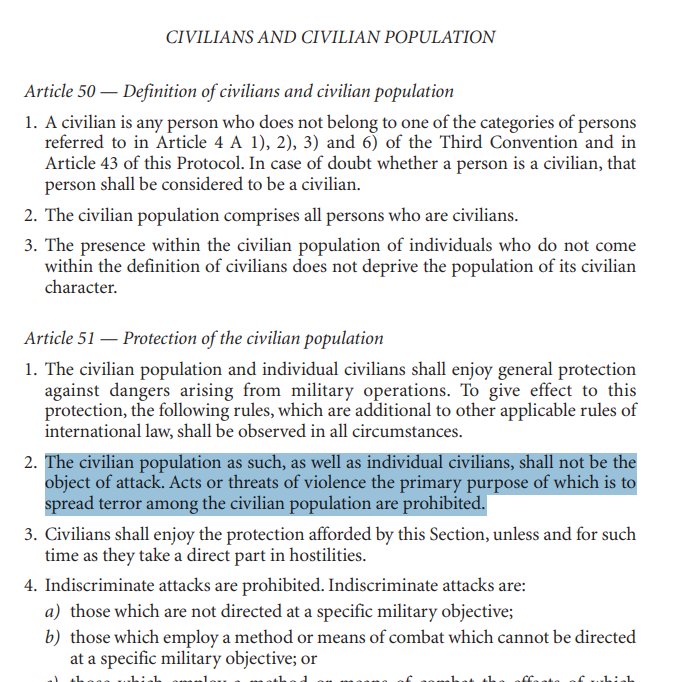 sidhant's tweet photo. Additional Protocol I (1977) – Relating to the Protection of Victims of International Armed Conflicts

1. Article 51(2): “The civilian population... shall not be the object of attack.”

2. Article 85(3)(a): Wilful attacks on the civilian population or individual civilians not taking direct part in hostilities are defined as grave breaches and therefore war crimes.