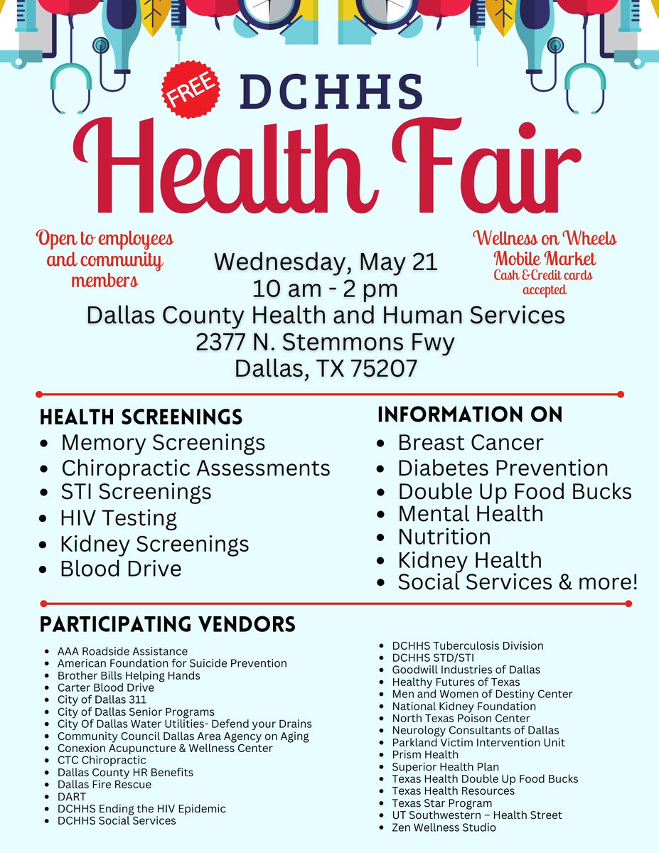 DCHHS invites you to our FREE Health Fair on May 21! We'll have valuable resources for the whole community.
Donate blood at the Carter BloodCare drive. Sign up here:  rb.gy/9pxpst
Shop for fresh, local produce at the Wellness on Wheels Mobile Market.
#PublicHealth