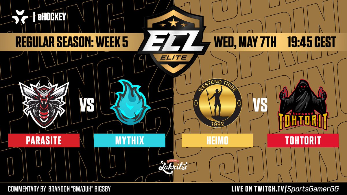 🚨 WE ARE LIVE! 🚨
The final #ECL25Spring Elite regular season broadcast starts NOW! 🎮🔥

📺 Watch live: twitch.tv/SportsGamerGG

🐝 <a href="/ParasiteNHL/">Parasite</a> vs <a href="/MythixNHL/">Mythix</a> 🔥
🟡 <a href="/HeimoEsports/">Heimo Esports</a> vs <a href="/tohtoritesports/">Tohtorit 🧙🏽‍♂️</a> 🩺

🎙️ <a href="/bMaJuH/">MaJuH 🎥</a> 

#eHockey | #NHL25 | #KouvolanLakritsi