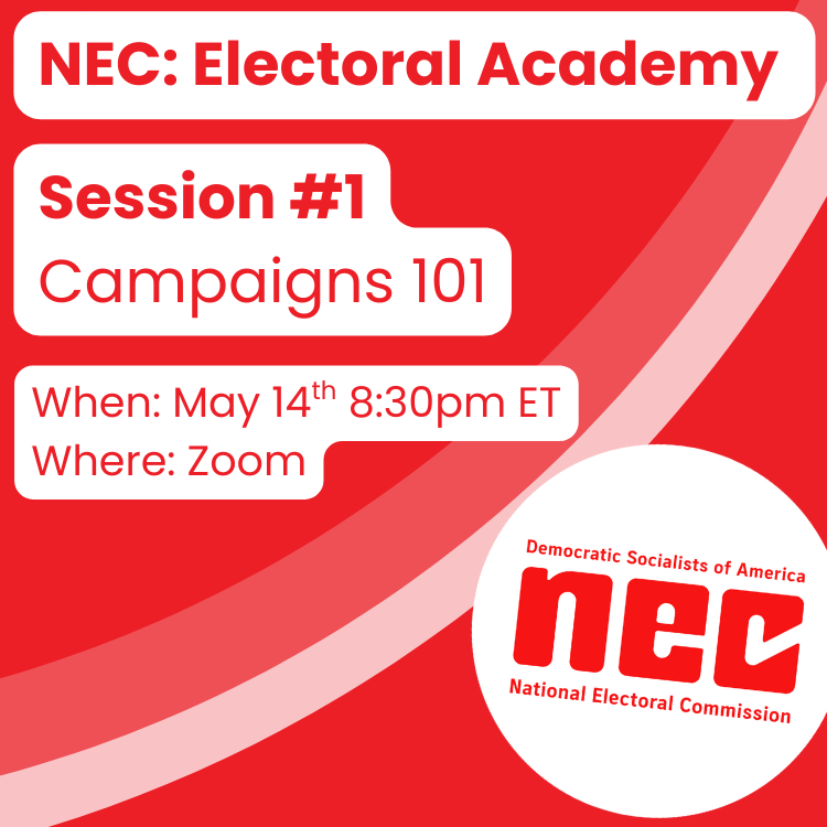 Is your chapter new to electoral work? Are you a campaign volunteer looking to expand your leadership knowledge?

Join us on May 14th for our first Electoral Academy session, Campaigns 101! We’ll teach you how to plan, launch, and lead a campaign.

🔗RSVP: bit.ly/4d7ASBG