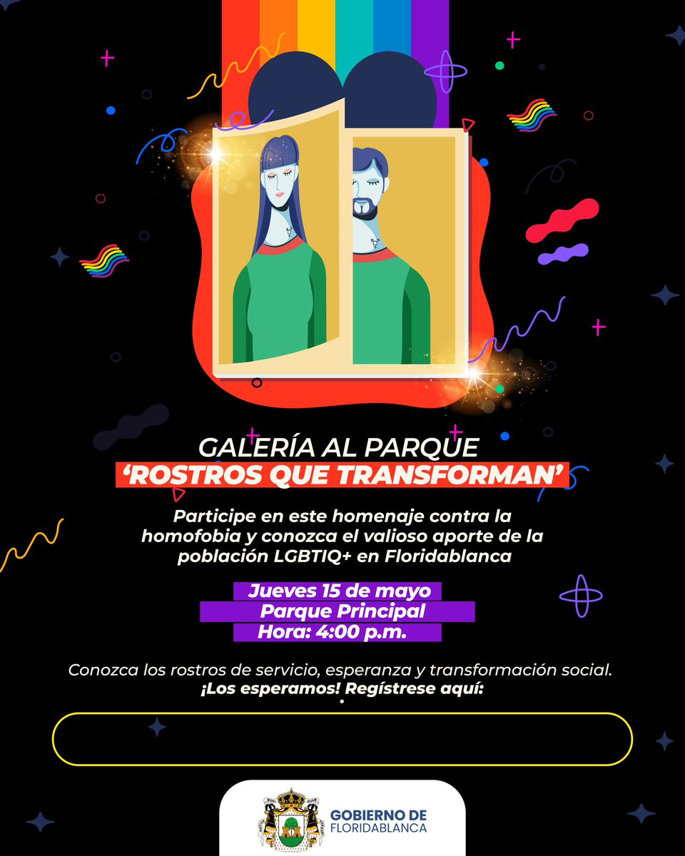 ¡Galería al Parque!

La Secretaría de Desarrollo Social lo invita a participar de este homenaje contra la homofobia el 15 de mayo a las 4:00 p.m. en el parque Principal.

Un espacio para visibilizar rostros de servicio y transformación social. Inscríbase: forms.gle/9ZZadLrAR9Lag1…