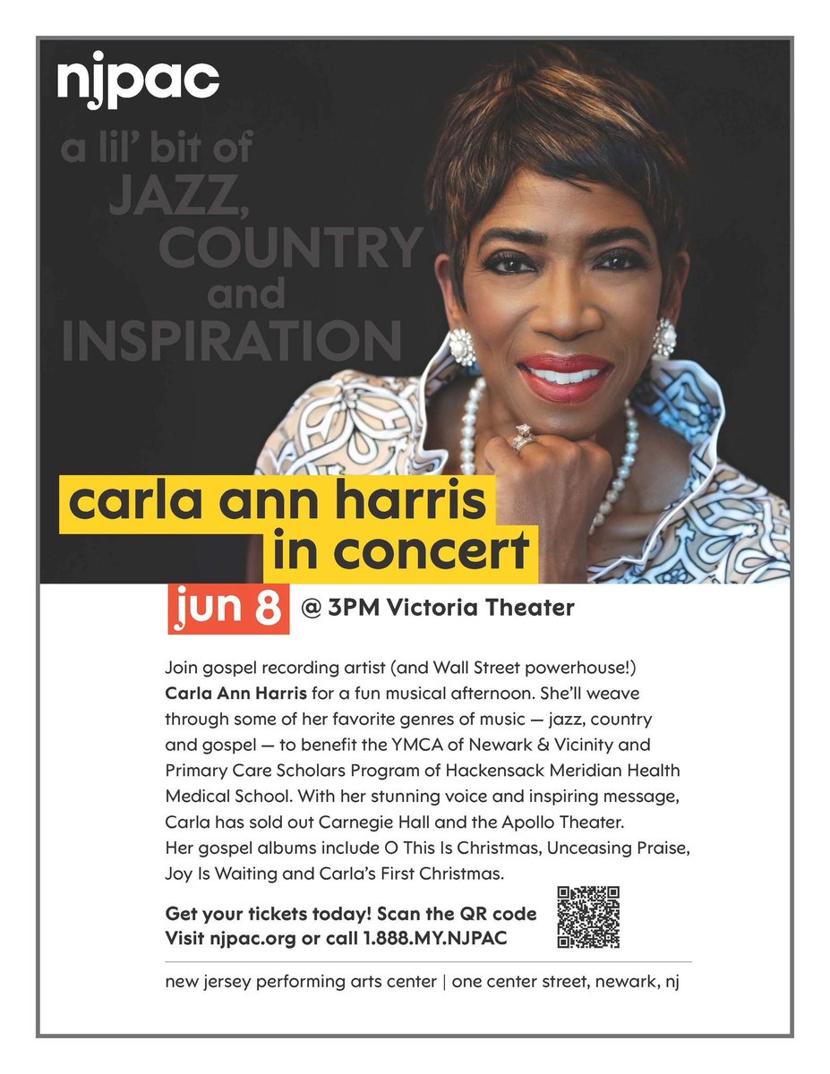 NewarkYMCA's tweet photo. June 8th 3pm: Join us for Carla Ann Harris in Concert at NJPAC's Victoria Theater. Ms. Harris blends Jazz, Country and Inspiration to create a one-of-a-kind experience. A portion of the proceeds benefit the YMCA of Newark &amp; Vicinity. Purchase tickets today
https://t.co/XAvpRcLLwa https://t.co/AGdNLgWm9H