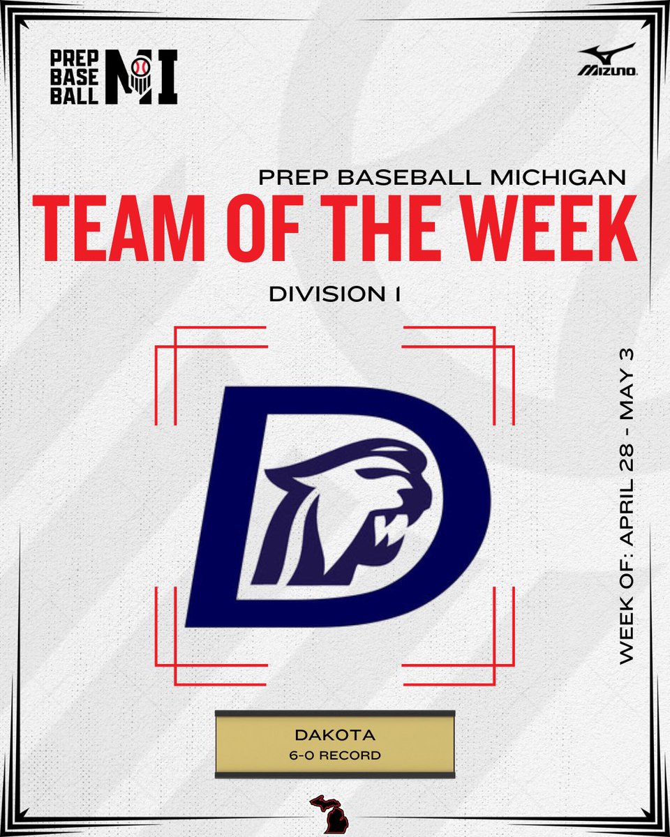 PrepBaseballMI's tweet photo. 𝐓𝐞𝐚𝐦𝐬 𝐨𝐟 𝐭𝐡𝐞 𝐖𝐞𝐞𝐤

𝐃𝟏: @DakotaBaseball 
Statement week for the Cougars who swept Stevenson in a MAC Red showdown and beat Brother Rice

𝐃𝟐: @BaseballGL25 
5-0 on the week, have won 16 straight following a 1-3 start to the spring. Swept Mattawan last week and also have a win over Hudsonville

𝐃𝟑: Kalamazoo Christian
5-1 week moved the Comets to 17-3 on the year. The 3 losses have been against D2 teams

𝐃𝟒: Rogers City
The Hurons have quietly won 10 straight in Northern Michigan. 15-4 on the year with all 4 losses against teams with more than double the enrollment