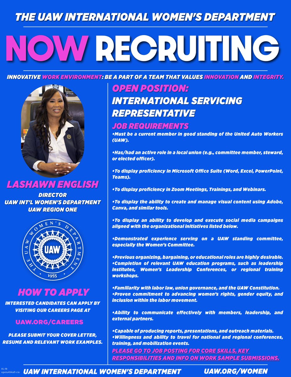 The UAW International Women's Department, under the leadership of LaShawn English, is looking for an International Servicing Representative. Ready to make an impact? Apply now at uaw.org/careers/