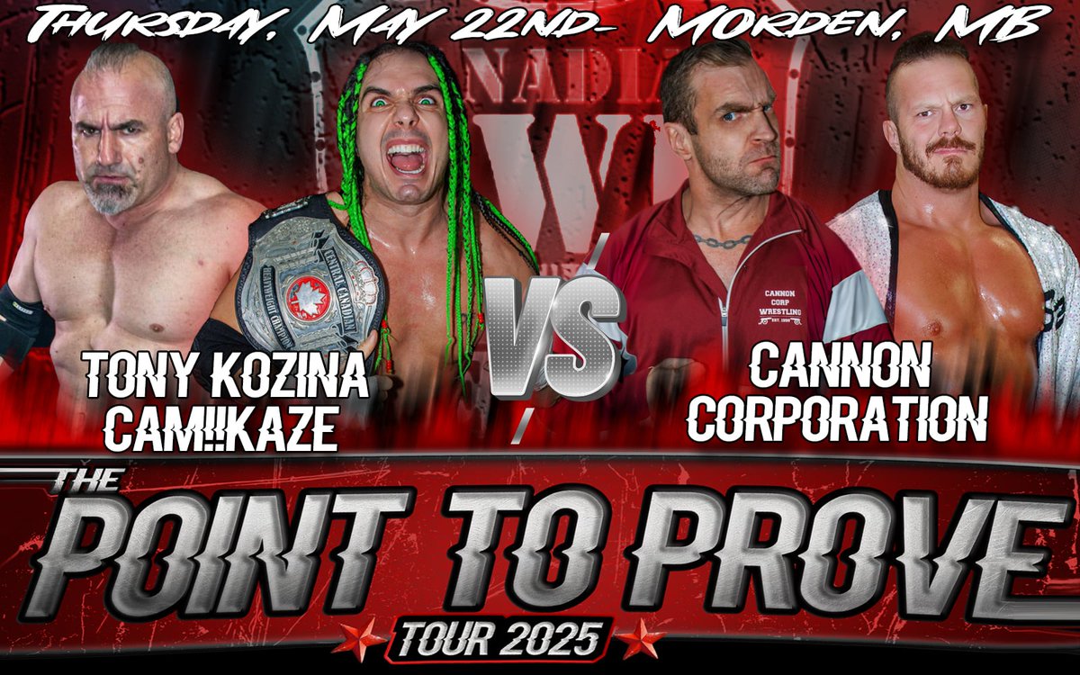 CWE Canada (@cwecanada) on Twitter photo Thursday, May 22nd <a href="/CWECanada/">Canadian Wrestling's Elite</a> Morden, Manitoba:
Tag Team Attraction Match!
Independent Wrestling Legend "Tornado" Tony Kozina & CWE Central Canadian Champion "The Crazy MoFo" CAM!!ikaze vs. The Cannon Corporation (<a href="/kevinjhcannon/">Kevin Cannon</a> & <a href="/shaunmartens/">Headline Shaun Martens</a>) Thursday, May 22nd <a href="/CWECanada/">Canadian Wrestling's Elite</a> Morden, Manitoba:
Tag Team Attraction Match!
Independent Wrestling Legend "Tornado" Tony Kozina & CWE Central Canadian Champion "The Crazy MoFo" CAM!!ikaze vs. The Cannon Corporation (<a href="/kevinjhcannon/">Kevin Cannon</a> & <a href="/shaunmartens/">Headline Shaun Martens</a>)