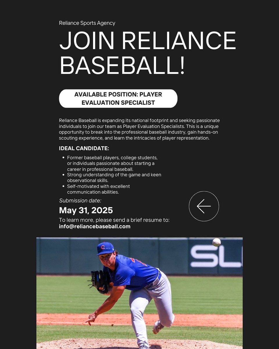 Jason Hoffman (@mlb_agentjason) on Twitter photo 🚨Join Reliance Baseball!🚨
Reliance Baseball is expanding its national footprint and seeking passionate individuals to join our team as Player Evaluation Specialists.
To learn more, email a brief resume to:
info@reliancebaseball.com 🚨Join Reliance Baseball!🚨
Reliance Baseball is expanding its national footprint and seeking passionate individuals to join our team as Player Evaluation Specialists.
To learn more, email a brief resume to:
info@reliancebaseball.com