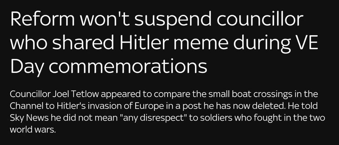 Why would they? It's not like it's VE day or anything. 

If a labour politician shared a meme of stalin or Lenin they would be calling for their resignation, but all the comments I've seen from reform voters say this is fine....