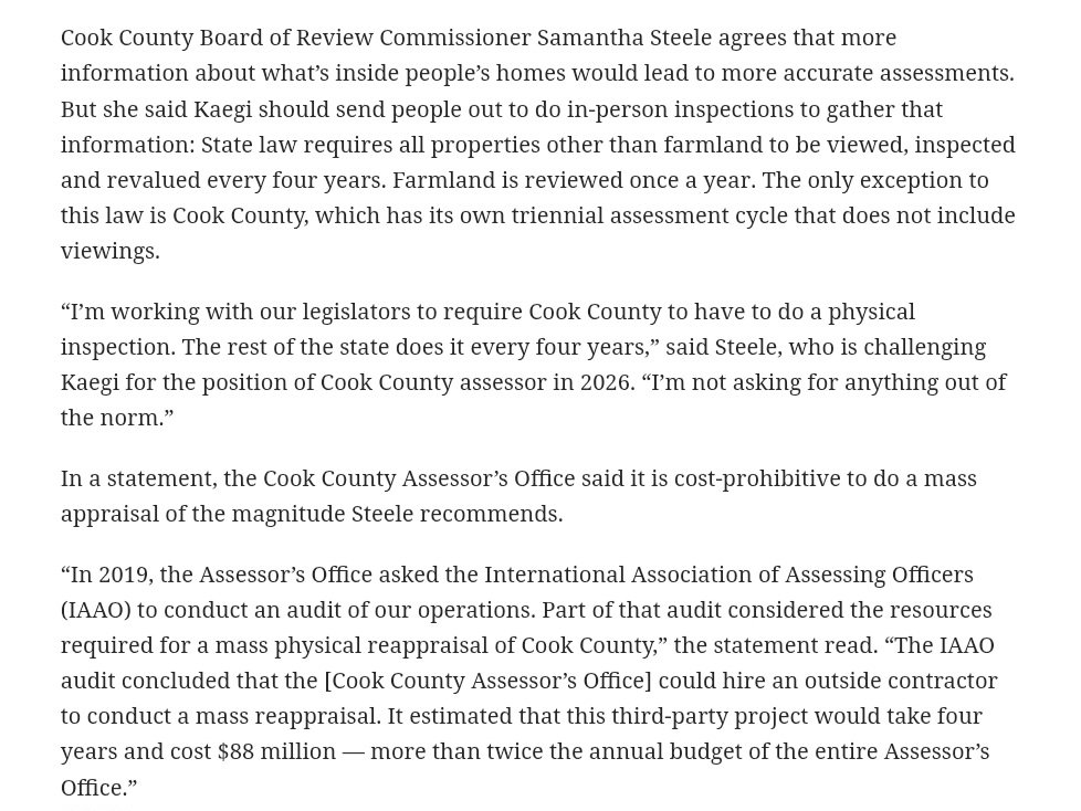 FrankCalabrese's tweet photo. Commissioner Samantha Steele wants to force tax inspectors into your home every three years for a tax inspection. It would cost Cook County $110 million. Every three years. This is insanity. https://t.co/XUMYEVJVAW