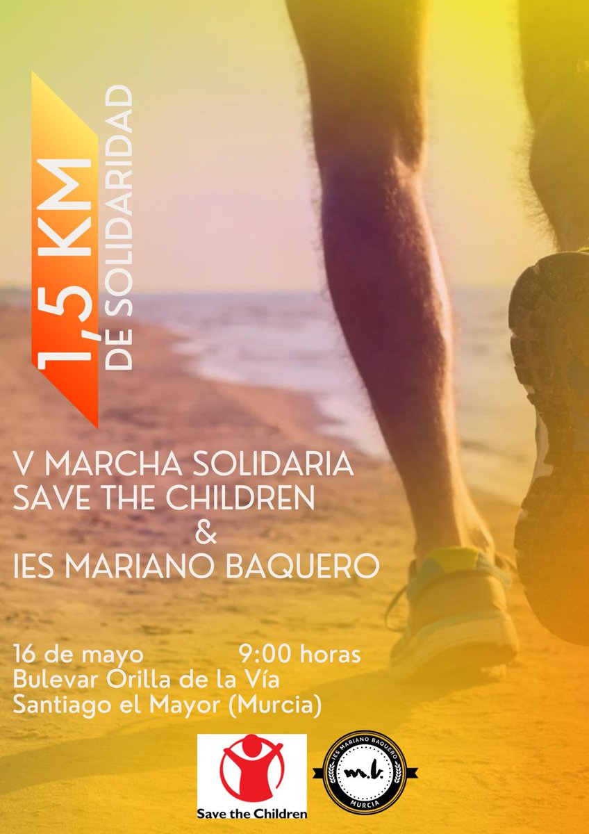 📣 Desde el IES Mariano Baquero Goyanes os animamos a participar en la V Marcha Solidaria en colaboración con Save the Children, el próximo viernes 16 de marzo a las 9:00h. Caminamos juntos por una buena causa. ¡Contamos con toda la comunidad educativa! 💙👟