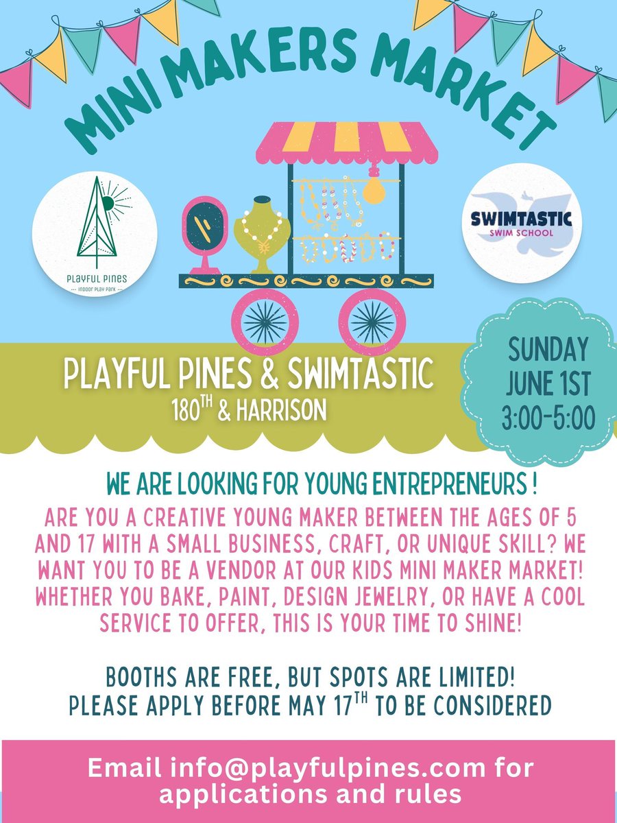 SWOSwimtastic's tweet image. We are having a community-wide Mini Maker&apos;s Market on June 1st with playful pines!
Are you a parent of or a young maker between the ages of 5 and 17 with a small business, craft, or unique skill? We want YOU to be a vendor at our Mini Maker Market!
Whether you bake, paint,...