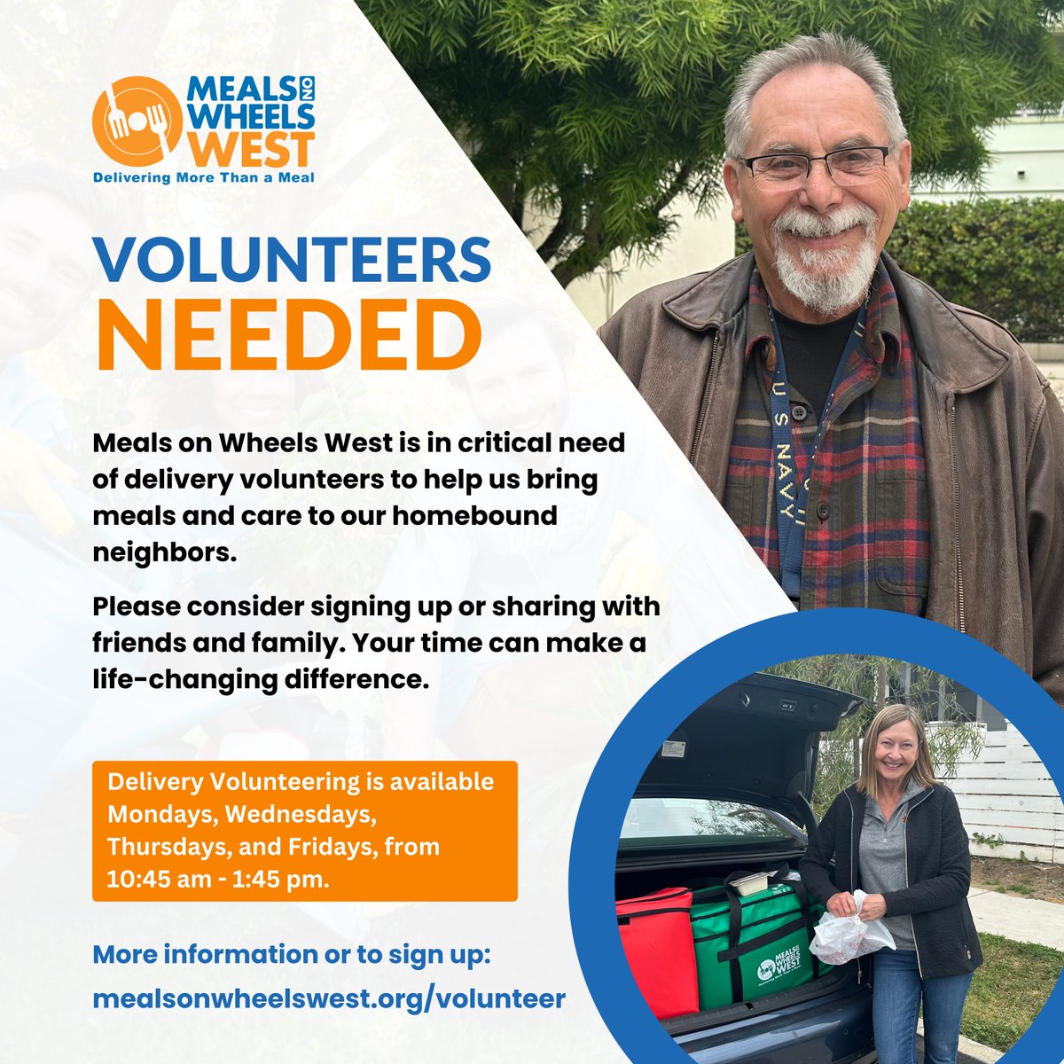 We have a critical need for delivery volunteers. Help us bring nutritious meals to 8–14 homebound neighbors in Santa Monica, Venice, and/or Marina del Rey. Most routes take less than 2 hours—you can choose where and when to help. 💙

🔗 Serve with us mealsonwheelswest.org/individual-vol…