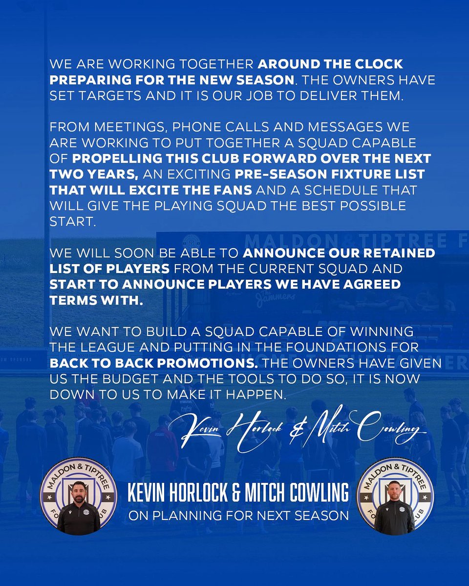 Maldon & Tiptree FC (@maldontiptreefc) on Twitter photo 💬 <a href="/Kevinhorlock6/">Kevin Horlock</a> & Mitch Cowling on plans for pre-season, building for next season and the future years of @maldontiptreefc
#Football #NonLeague #Maldon #Tiptree 💬 <a href="/Kevinhorlock6/">Kevin Horlock</a> & Mitch Cowling on plans for pre-season, building for next season and the future years of @maldontiptreefc
#Football #NonLeague #Maldon #Tiptree