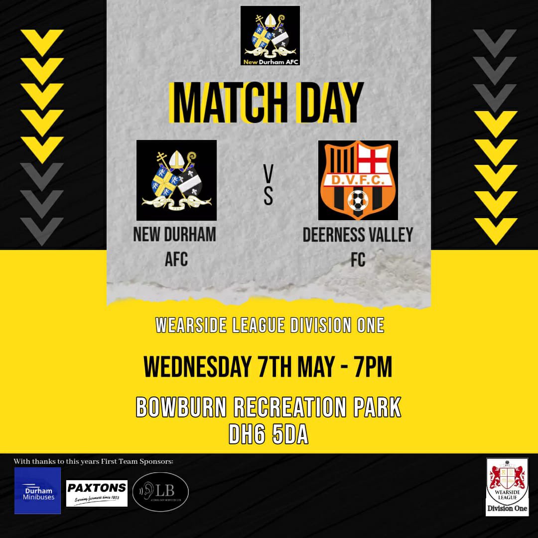 New Durham AFC (@newdurhamafc) on Twitter photo It’s matchday! 🤩
It’s our penultimate game of the season, as we take on <a href="/Deerness_FC/">Deerness Valley</a>, in the <a href="/WearsideLeague/">Wearside League</a>, as we look to finish the season on a high. ⚫️🟡 It’s matchday! 🤩
It’s our penultimate game of the season, as we take on <a href="/Deerness_FC/">Deerness Valley</a>, in the <a href="/WearsideLeague/">Wearside League</a>, as we look to finish the season on a high. ⚫️🟡