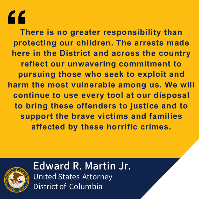 U.S. Attorney Ed Martin Charges Three Child Sex Offenders as Part of Nationwide Operation Restore Justice Crackdown 

🔗justice.gov/usao-dc/pr/us-…

<a href="/USAEdMartin/">U.S. Attorney Ed Martin</a> <a href="/FBIWFO/">FBI Washington Field</a>