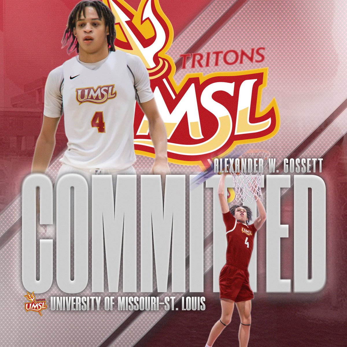 Alexander Gossett (@alexgossett13) on Twitter photo I'm excited to announce my committment to the University of Missouri-St. Louis to continue my academic & athletic career. Huge thanks to all of my coaches, my amazing parents, family, & friends for their incredible support throughout my journey.
<a href="/UMSLMBB/">UMSL Mens Basketball</a> I'm excited to announce my committment to the University of Missouri-St. Louis to continue my academic & athletic career. Huge thanks to all of my coaches, my amazing parents, family, & friends for their incredible support throughout my journey.
<a href="/UMSLMBB/">UMSL Mens Basketball</a>