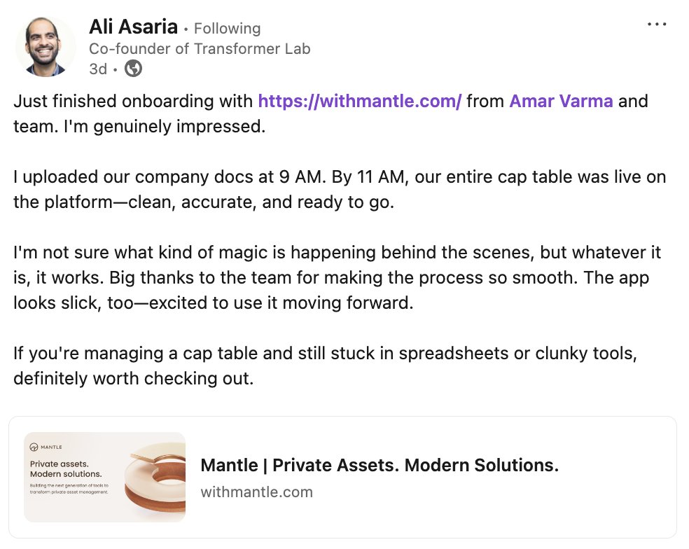 withmantle's tweet image. What &quot;magic&quot; did Ali Asaria experience that turned Transformer Lab&apos;s documents into a diligence-ready cap table in hours? ✨

Take a peek behind the curtain and see how we do it  → blog.withmantle.com/the-magic-behi…

#MantleEquity #CapTableManagement