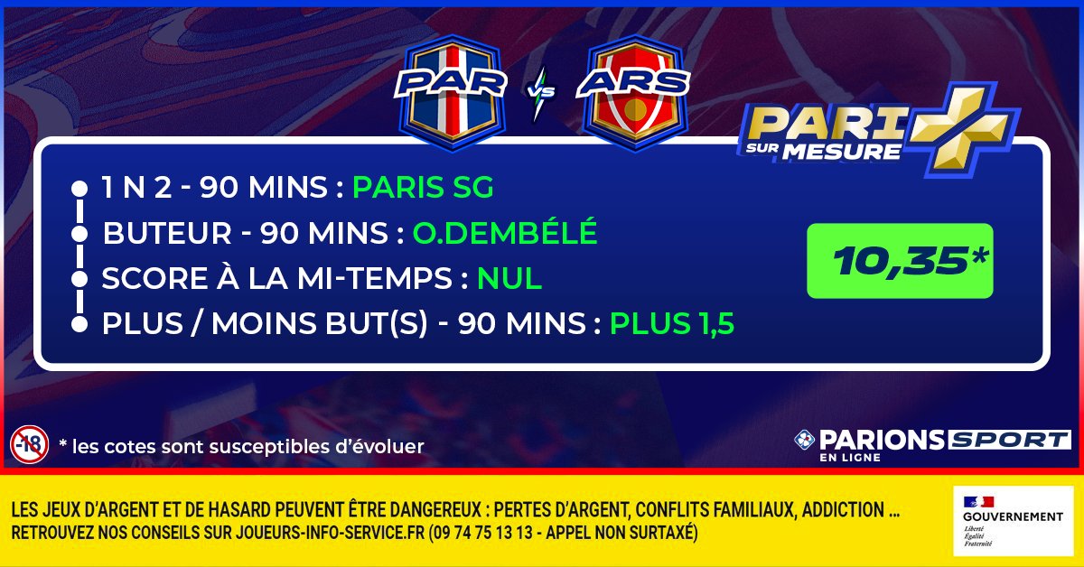 ParionsSport's tweet photo. La team, voici votre #PariSurMesure pour ce #PSGARS !

Vous le savez, si ça fait 3 sur 4 on vous fait gagner 5x20€ de Freebets !

Pour jouer, il vous suffit juste de RT + Follow !

📆 TAS 08/05
📃 Règlement : https://t.co/9y6EjuBxY2 https://t.co/DznKyDgyj3