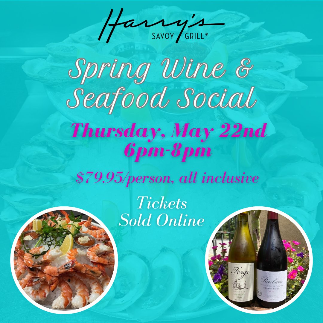 HarrysSavoy's tweet image. We have a great Spring Wine &amp;amp; Seafood Social event on Thursday, May 22nd!
Come and enjoy sensational seafood and savory on our courtyard!
View menu and purchase tickets online:  harryshospitalitygroup.com/harrys-savoy-g…

#springlove #springtimefun #wineandseafoodsocial #harryssavoygrill