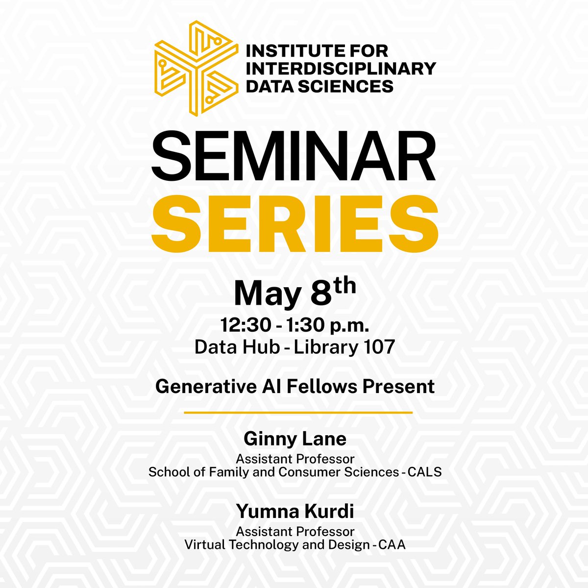 Join us on Thurs, May 8th 12:30pm in Library 107 for AI Fellows Presentations

Ginny Lane
Asst Prof
"Latina diabetes community consultation themes using AI"

Yumna Kurdi
Asst Prof
"Exploring the Impact of Sensors and Data on Indoor Environmental Quality and Occupant Behavior"