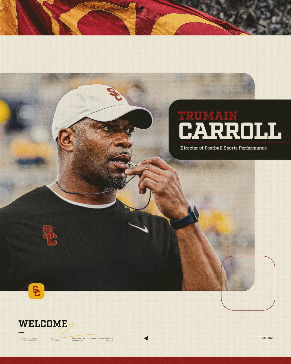 USC Football ✌️ (@uscfb) on Twitter photo A new era of physicality 💪
Please welcome <a href="/CoachTruCarroll/">Trumain Carroll</a> as our Director of Football Sports Performance! A new era of physicality 💪
Please welcome <a href="/CoachTruCarroll/">Trumain Carroll</a> as our Director of Football Sports Performance!
