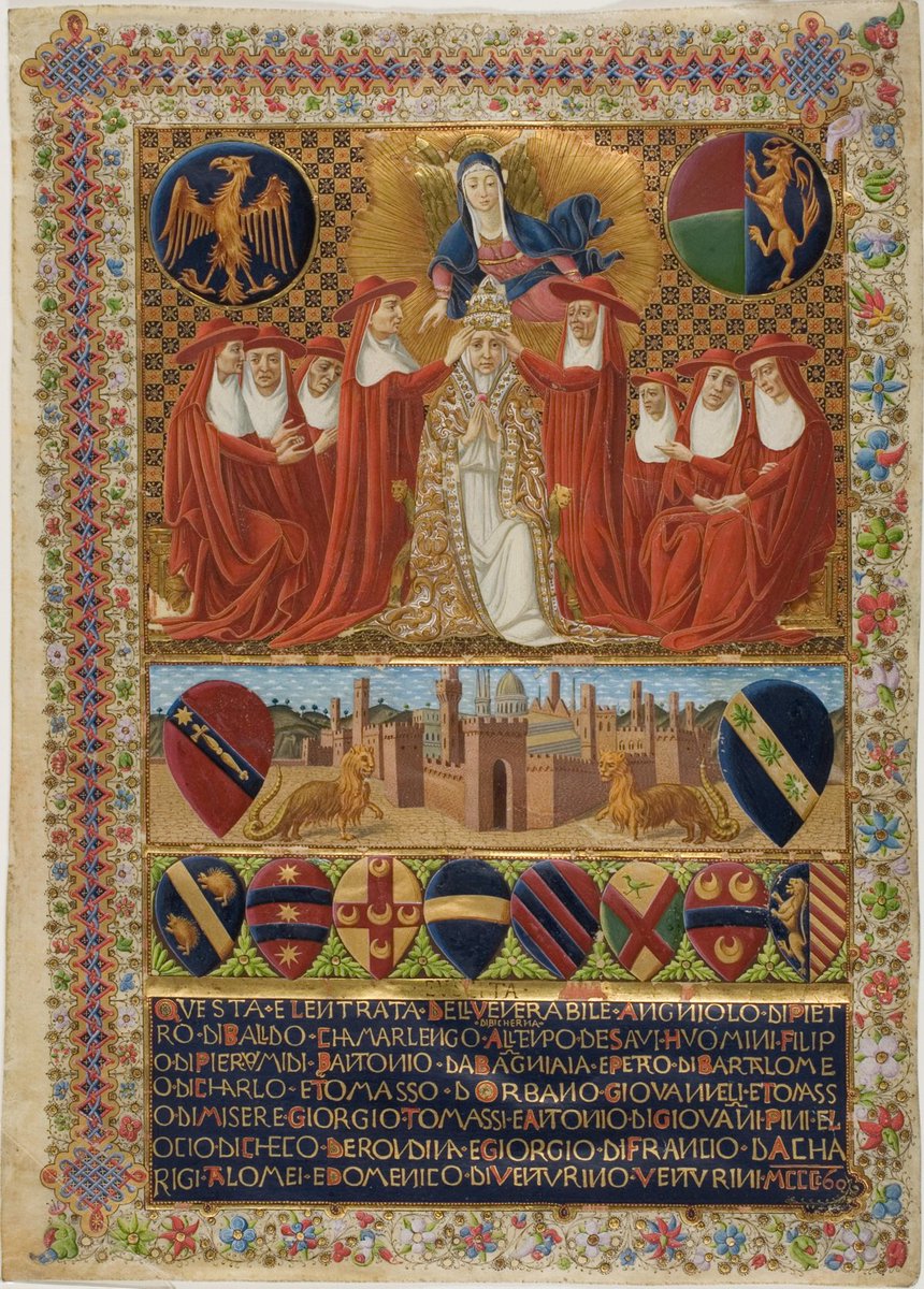 avgvstissimvs's tweet image. Coronation of pope Pius II depicted in a frontispiece to a constitution of the Sienese church (1464)