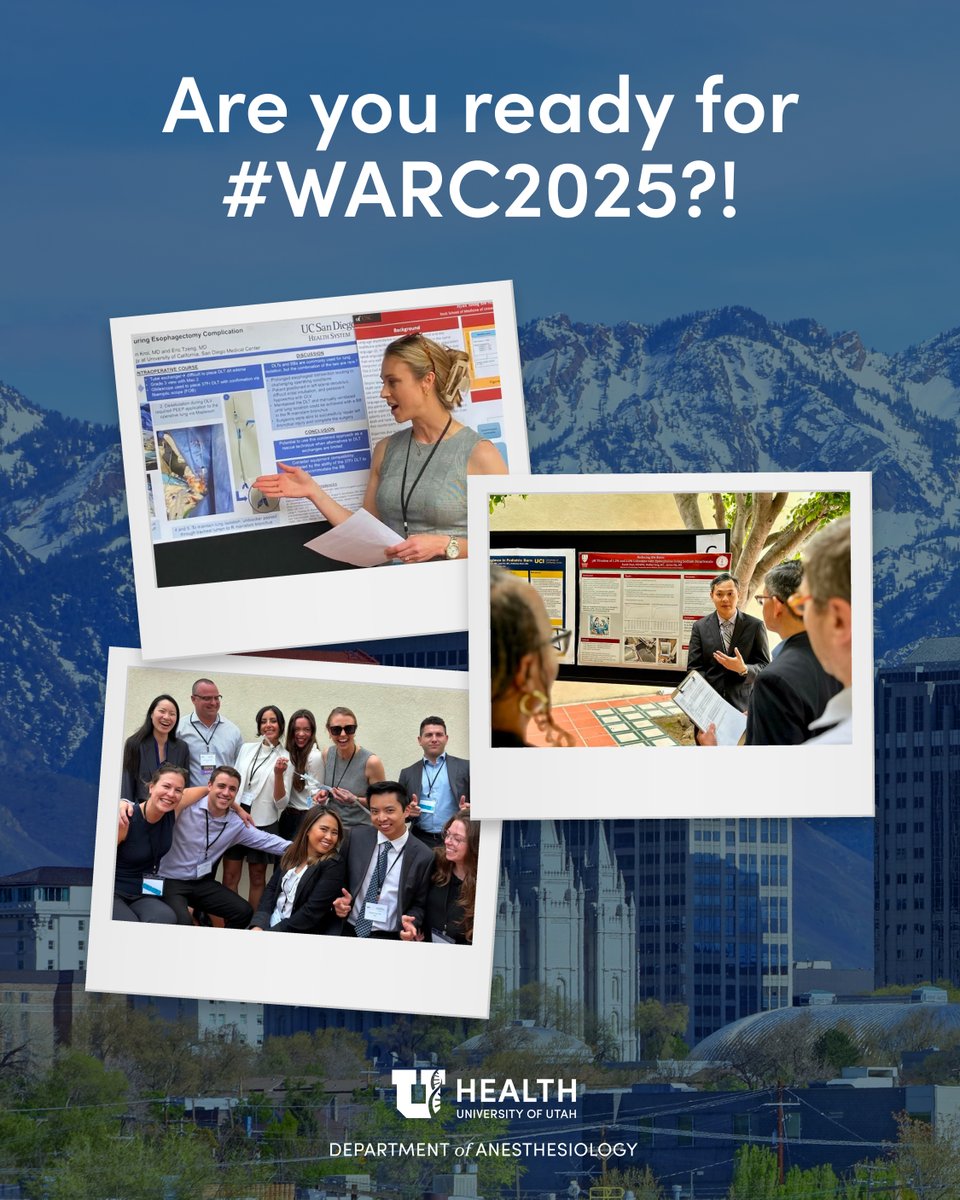 University of Utah Department of Anesthesiology (@uofuanesthesia) on Twitter photo WARC 2025 is just one week away! We’re thrilled to host this year’s Western Anesthesia Residents Conference in SLC, May 16–17. See you at the Hyatt! 🎉 Learn more about WARC 2025 at uofuanesthesia.link/WARC2025.
 
#WARC2025 #Anesthesiology #MedEd #ResidentLife WARC 2025 is just one week away! We’re thrilled to host this year’s Western Anesthesia Residents Conference in SLC, May 16–17. See you at the Hyatt! 🎉 Learn more about WARC 2025 at uofuanesthesia.link/WARC2025.
 
#WARC2025 #Anesthesiology #MedEd #ResidentLife