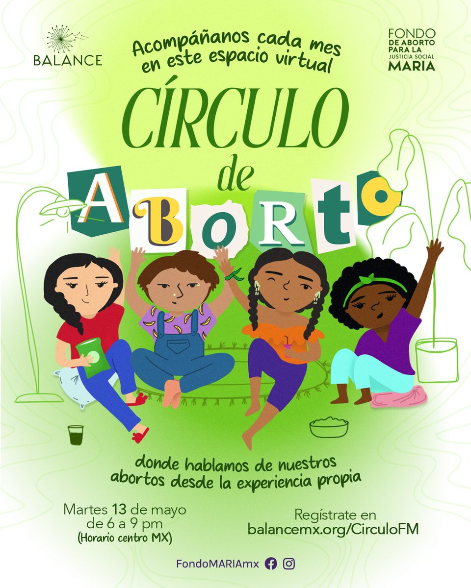 ✨¡Círculo de aborto en mayo!✨
Compartamos dudas, sentires y mucha charlita sobre cómo hemos vivido nuestros abortos 💚 ¡Te esperamos!

📆 Martes 13 de mayo
🕛 6 a 9 pm 
🌀 Modalidad online

Regístrate aquí👉 balancemx.org/es/CirculoFM